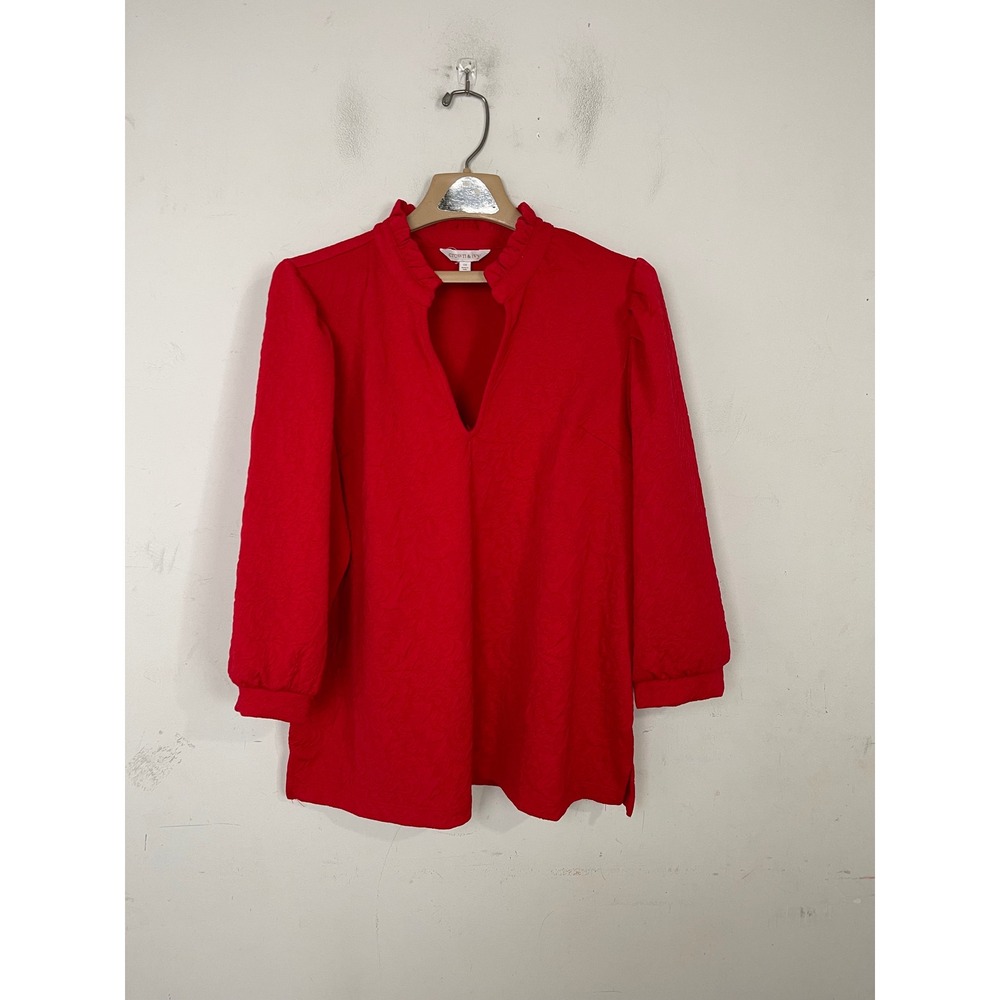 Crown & Ivy Red Textured Ruffle Neck Puff Sleeve Blouse Womens 1X Plus‎ Size
